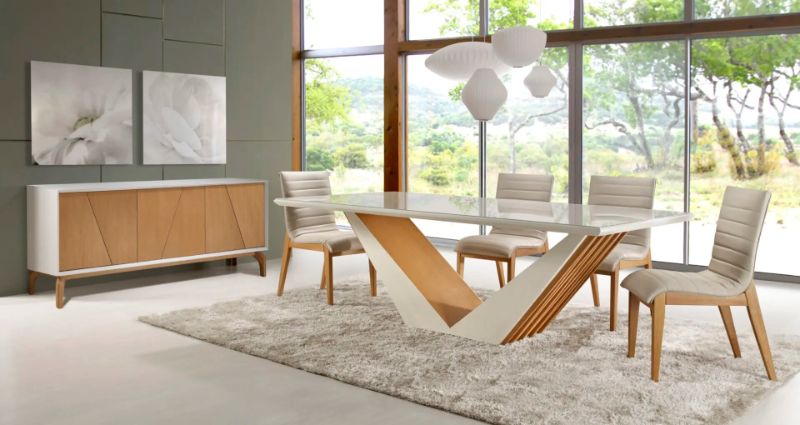 Mesa Topázio Tampo de Vidro Retangular (Amêndoa Vidro Off White Canto Reto)